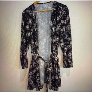 Kimono Black White Print Loungewear Open Front Tie Jacket Coverup Top Size 3X